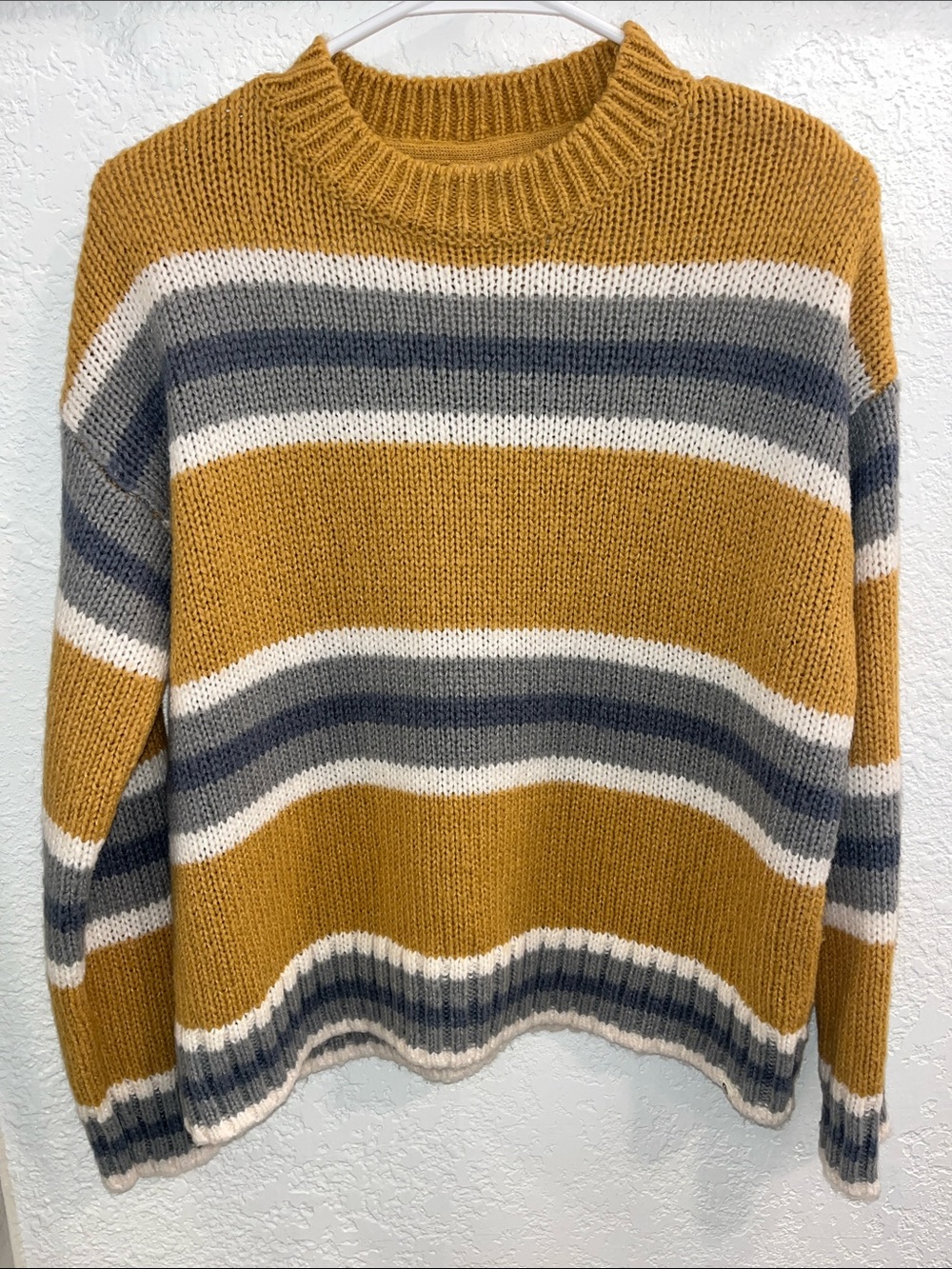 Rip Curl Mustard, Gray & Cream Striped Crewneck Sweater